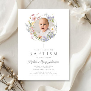 Floral Wildflowers Wreath Photo Baptism Invitation