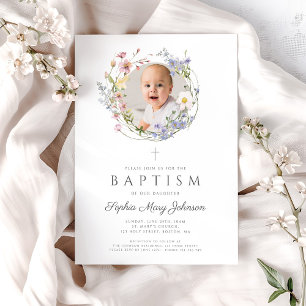 Floral Wildflowers Wreath Photo Baptism Invitation
