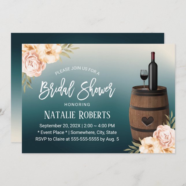 Floral Wine Barrel Teal Ombre Bridal Shower Invitation (Front/Back)