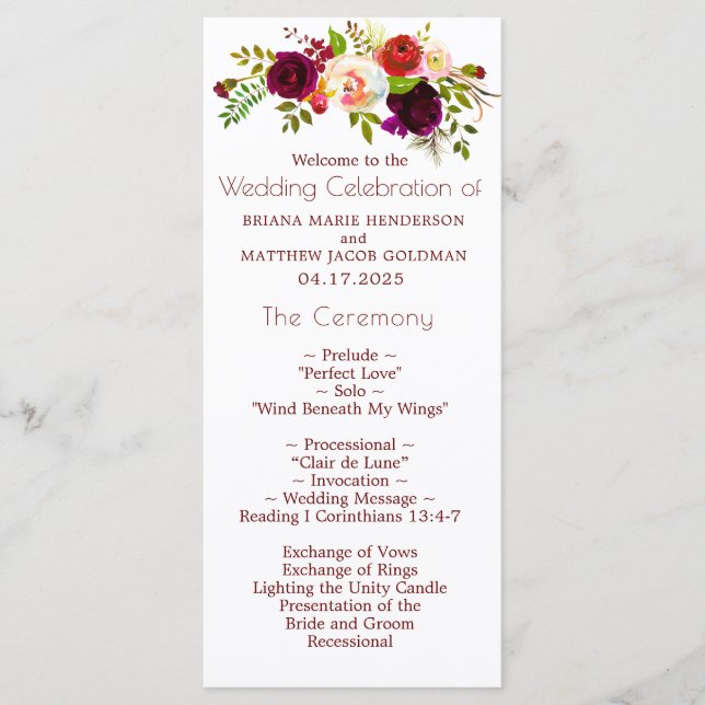 Floral Wine Blush Wedding Program Programme (Front)