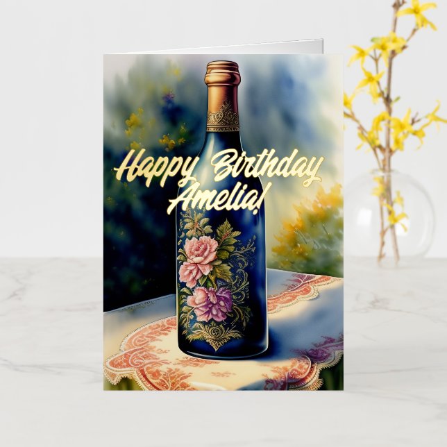 Floral Wine Bottle Birthday Foil Greeting Card (Yellow Flower)