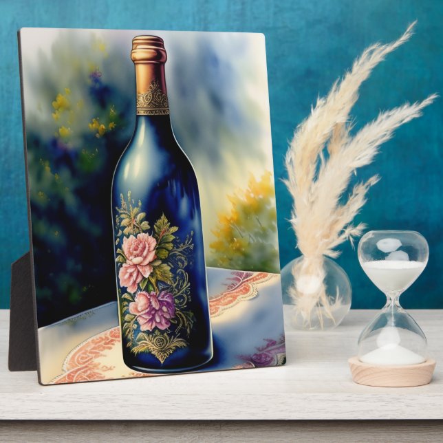 Floral Wine Bottle Still Life Tabletop Plaque (Side)