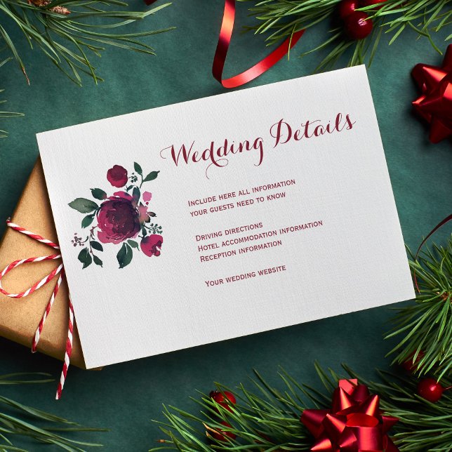 Floral winter burgundy wedding guest details enclosure card (Creator Uploaded)