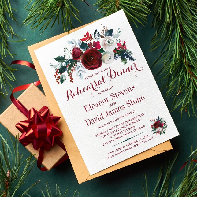 Floral winter red white wedding rehearsal dinner invitation (Creator Uploaded)