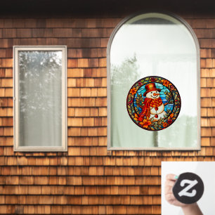 Floral Winter Smiling Snowman Faux Stained Glass