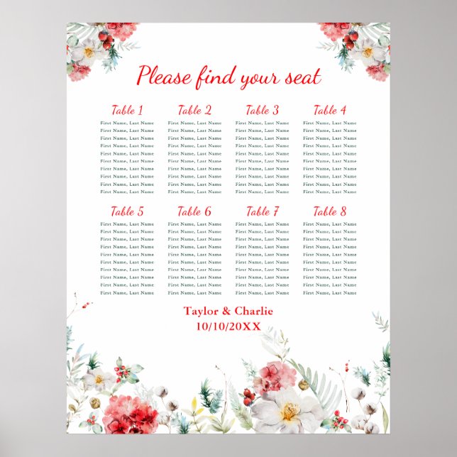 Floral Winter Wedding 8 Tables Seating Chart (Front)