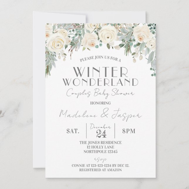 Floral Winter Wonderland, Couples Baby Shower Invitation (Front)
