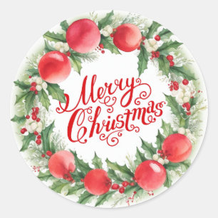 Floral Winter Wreath Merry Christmas Classic Round Sticker