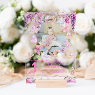 Floral Wisteria Butterfly Kids Photo Birthday Acrylic Invitations