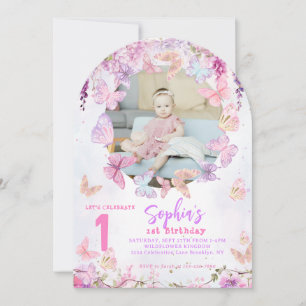 Floral Wisteria Butterfly Kids Photo Birthday Arch Invitation