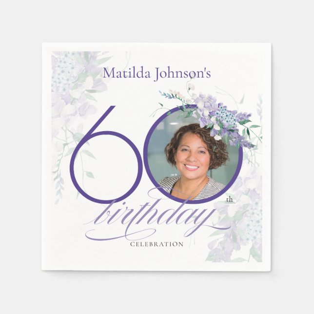 Floral Wisteria Elegant Photo Purple 60th Birthday Napkin (Front)