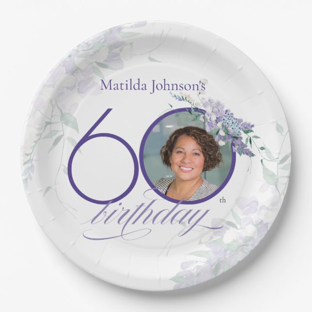 Floral Wisteria Elegant Photo Purple 60th Birthday Paper Plate (Front)