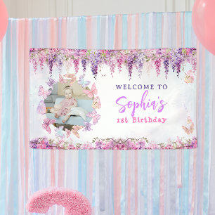 Floral Wisteria Gold Butterfly Kids Birthday Photo Banner