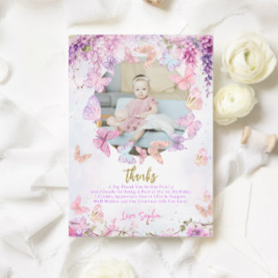 Floral Wisteria Gold Butterfly Kids Birthday Photo Thank You Card