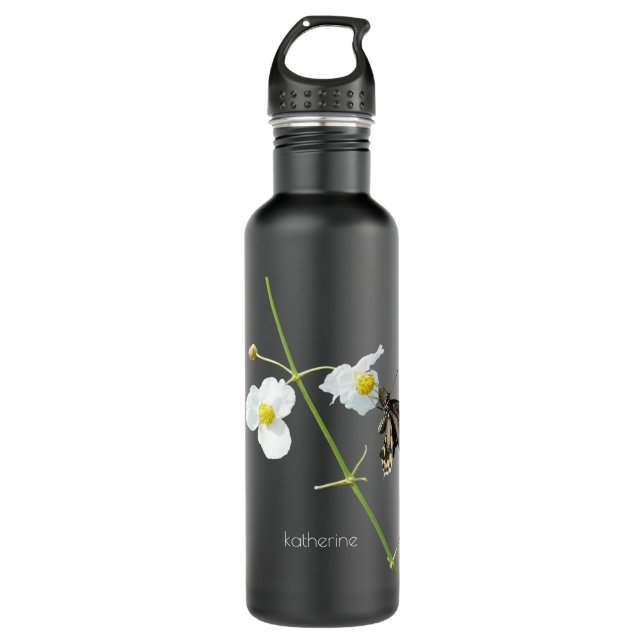Floral with butterfly on black, personalised 710 ml water bottle (Front)