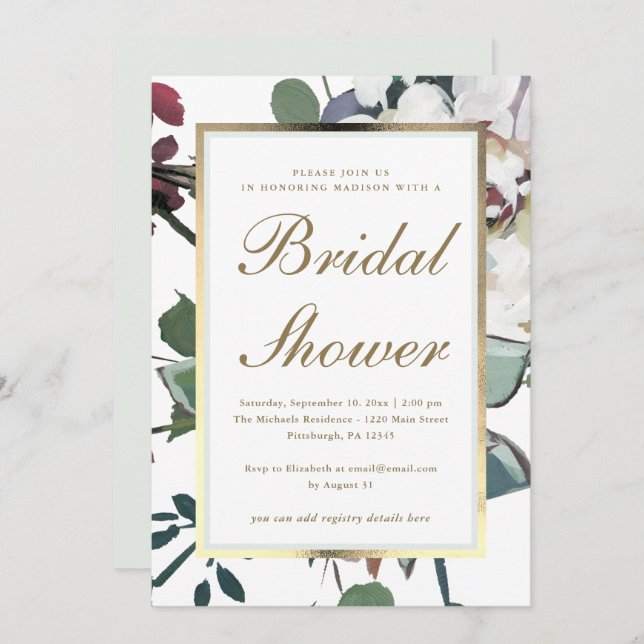 Floral with Faux Gold Frame Bridal Shower Invitation (Front/Back)