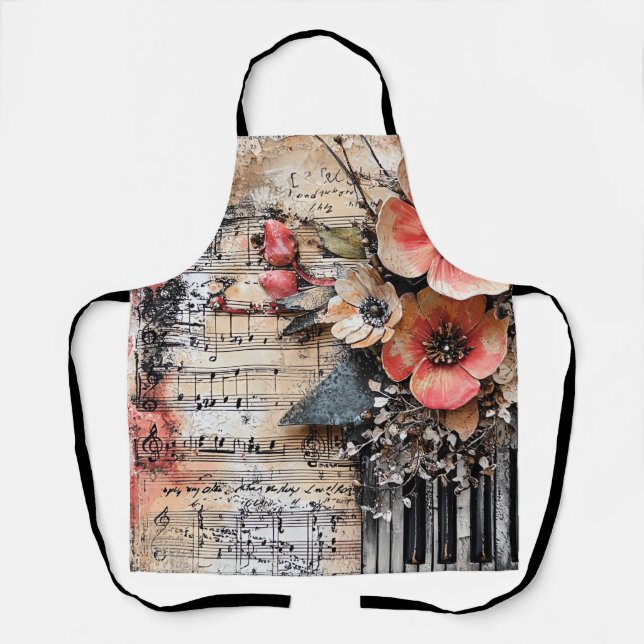 Floral with Rustic Piano Keys & Aged Music Sheet 1 Apron (Front)