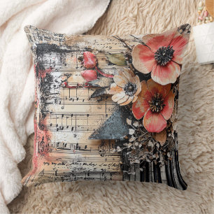 Floral with Rustic Piano Keys & Aged Music Sheet 1 Cushion