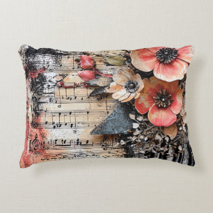 Floral with Rustic Piano Keys & Aged Music Sheet 1 Decorative Cushion