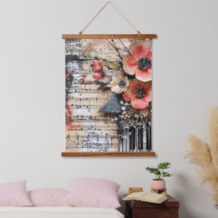Floral with Rustic Piano Keys & Aged Music Sheet 1 Hanging Tapestry