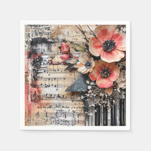 Floral with Rustic Piano Keys & Aged Music Sheet 1 Napkin