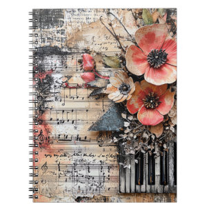Floral with Rustic Piano Keys & Aged Music Sheet 1 Notebook
