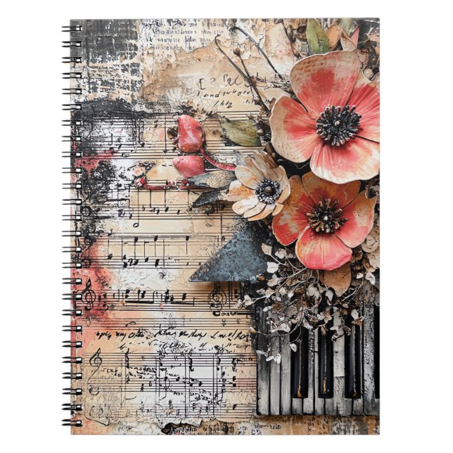 Floral with Rustic Piano Keys & Aged Music Sheet 1 Notebook (Front)