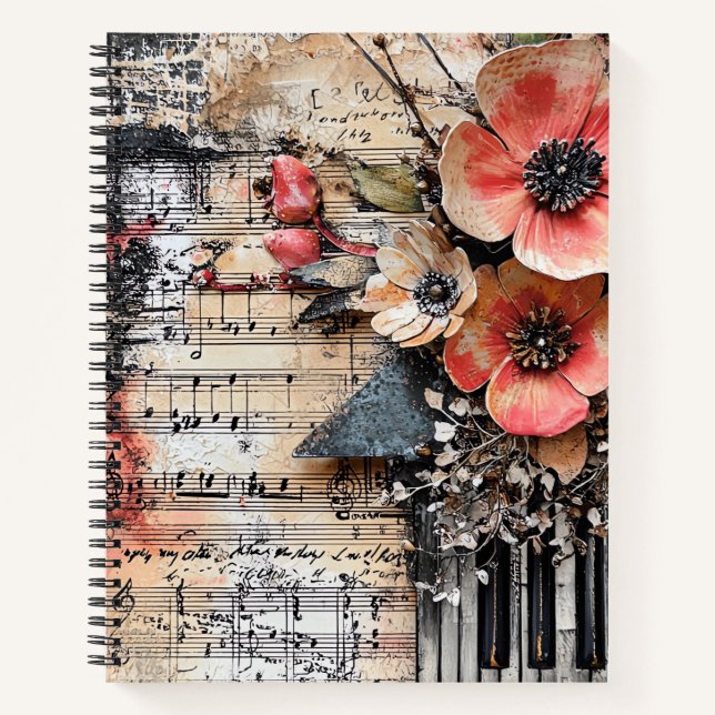 Floral with Rustic Piano Keys & Aged Music Sheet 1 Notebook (Front)
