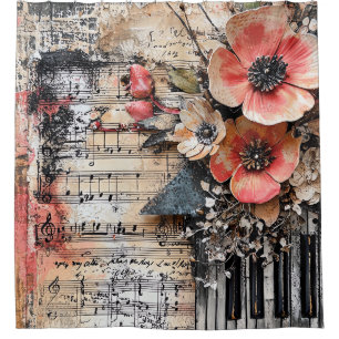 Floral with Rustic Piano Keys & Aged Music Sheet 1 Shower Curtain