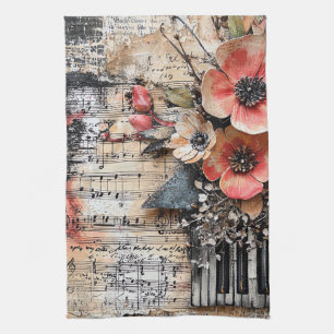 Floral with Rustic Piano Keys & Aged Music Sheet 1 Tea Towel