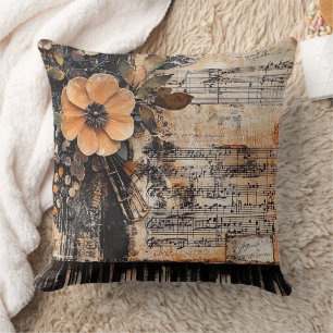 Floral with Rustic Piano Keys & Aged Music Sheet 2 Cushion