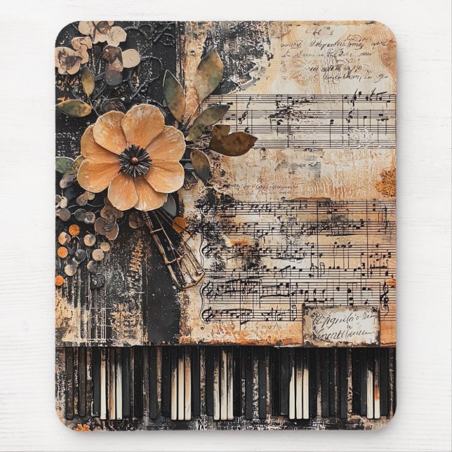 Floral with Rustic Piano Keys & Aged Music Sheet 2 Mouse Pad (Front)