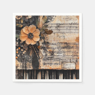 Floral with Rustic Piano Keys & Aged Music Sheet 2 Napkin