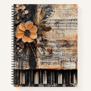 Floral with Rustic Piano Keys & Aged Music Sheet 2 Notebook