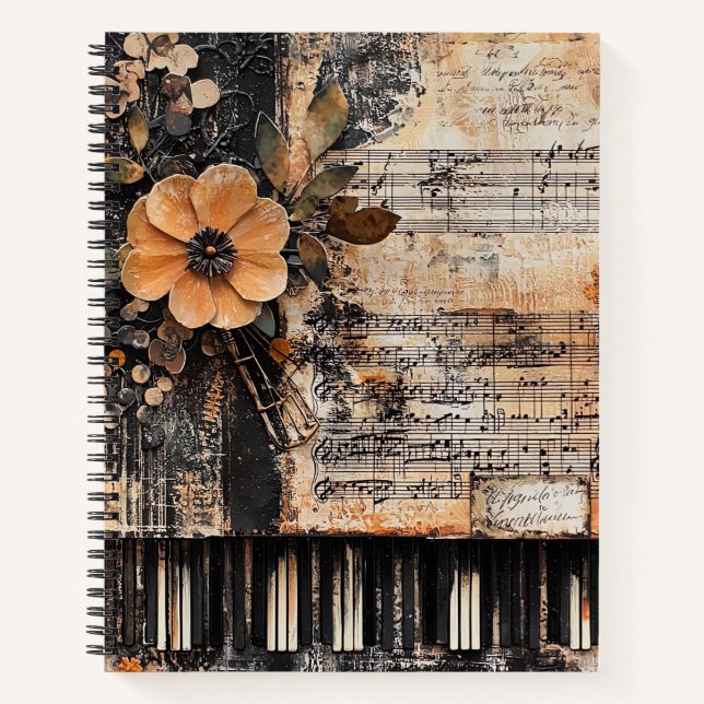 Floral with Rustic Piano Keys & Aged Music Sheet 2 Notebook (Front)