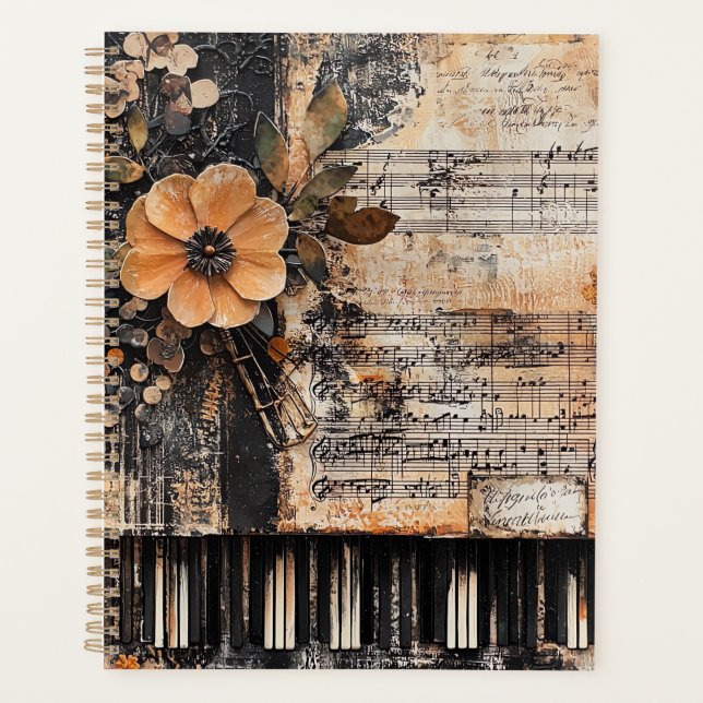 Floral with Rustic Piano Keys & Aged Music Sheet 2 Planner (Front)