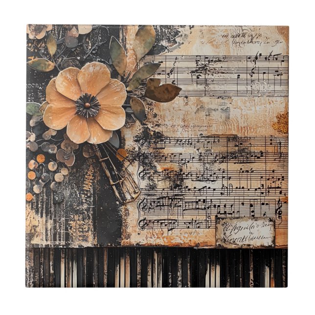 Floral with Rustic Piano Keys & Aged Music Sheet 2 Tile (Front)