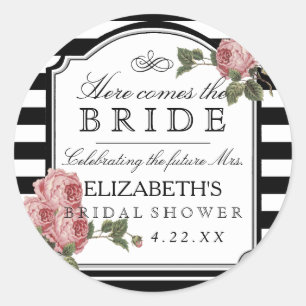 Floral With Stripes Bridal Shower Guest Favour Classic Round Sticker