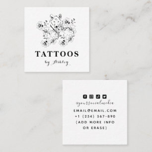 Floral Wolf Face Drawn Black & White Tattoo Artist Square Business Card