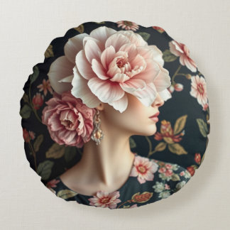 Floral Woman Art - Live life in full bloom  Round Cushion