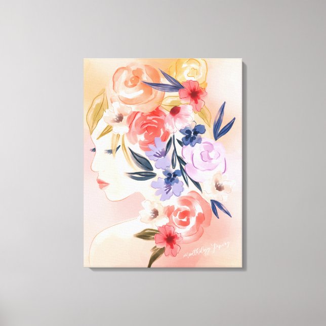 Floral Woman Botanical Watercolor Illustration Canvas Print (Front)