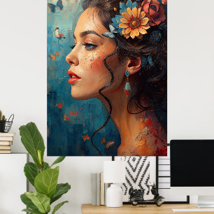 Floral Woman Portrait Art Poster Butterflies & F
