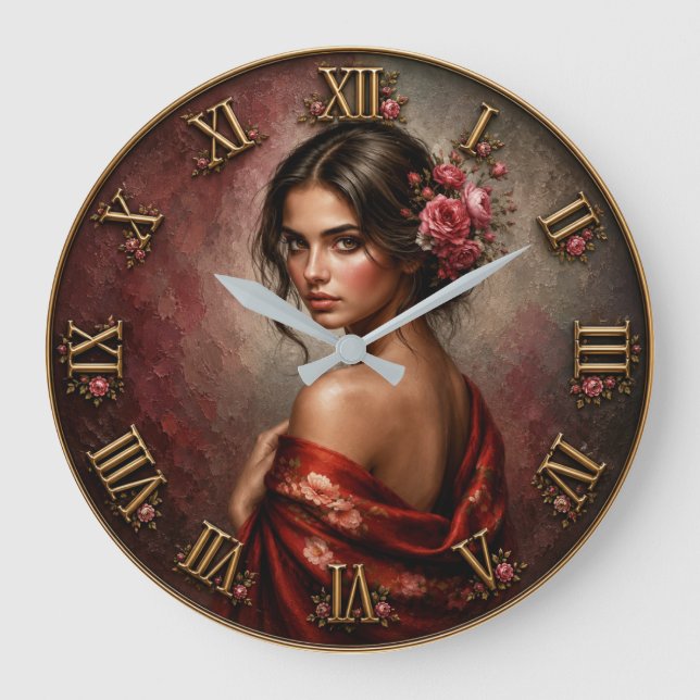 Floral Woman Portrait  Large Clock (Front)