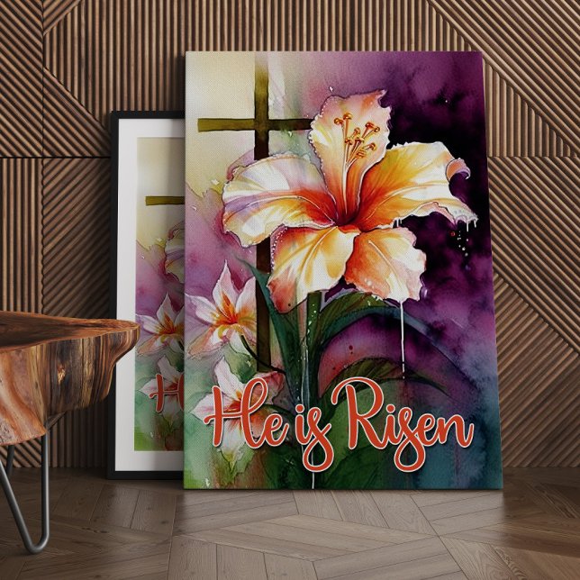 Floral Wood Christian Cross, He is Risen Easter Ca Canvas Print (Creator Uploaded)