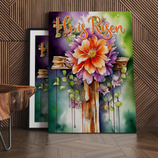 Floral Wood Christian Cross, He is Risen Easter Ca Canvas Print