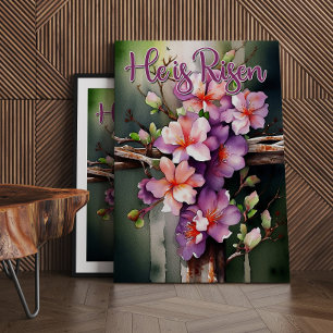 Floral Wood Christian Cross, He is Risen Easter Canvas Print