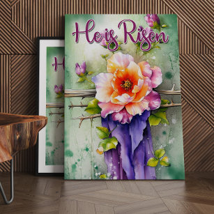Floral Wood Christian Cross, He is Risen Easter Canvas Print
