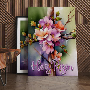 Floral Wood Christian Cross, He is Risen Easter Canvas Print