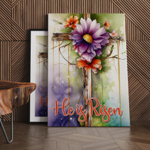 Floral Wood Christian Cross, He is Risen Easter Canvas Print