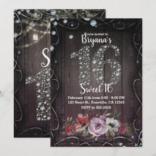 Floral Wood Diamond Bling 16 Birthday Party Photo Invitation